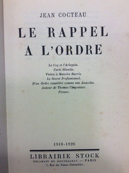LE RAPPEL A L'ORDRE. - 1918-1926.