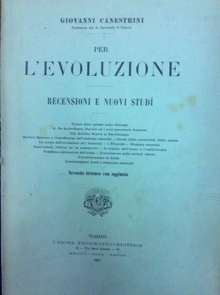 PER L'EVOLUZIONE. - Recensioni e nuovi studi. Seconda tiratura con …