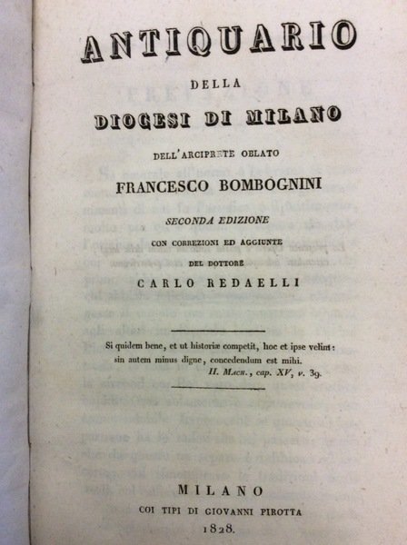 ANTIQUARIO DELLA DIOCESI DI MILANO. - Seconda edizione con correzioni …