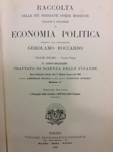 TRATTATO DI SCIENZA DELLE FINANZE / I PRINCIPII DELLA SCIENZA …