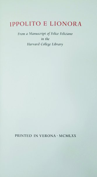 IPPOLITO E LIONORA. - From a Manuscript of Felice Feliciano …