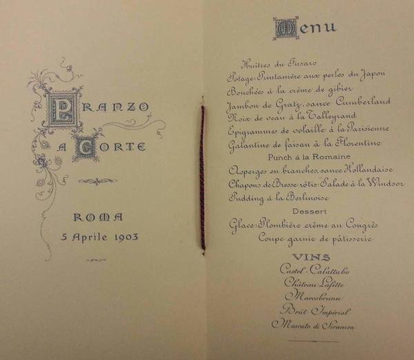 PRANZO A CORTE. MENU. - Roma, 5 aprile 1903.