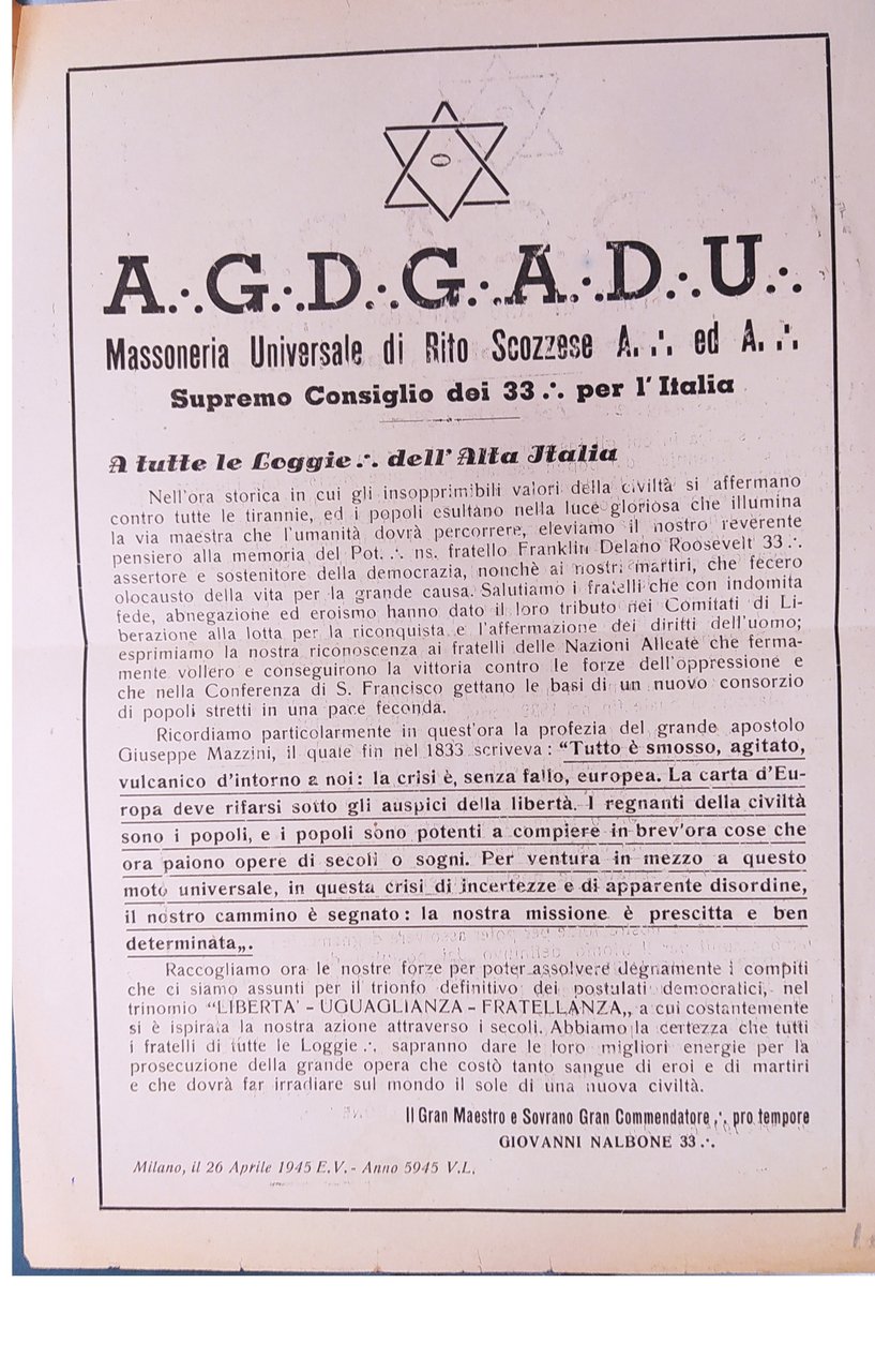 A.G.D.G.A.D.U. MASSONERIA UNIVERSALE DI RITO SCOZZESE. Supremo consiglio dei 33. …