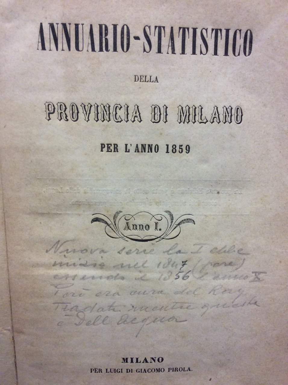 ANNUARIO STATISTICO DELLA PROVINCIA DI MILANO PER L'ANNO 1859.