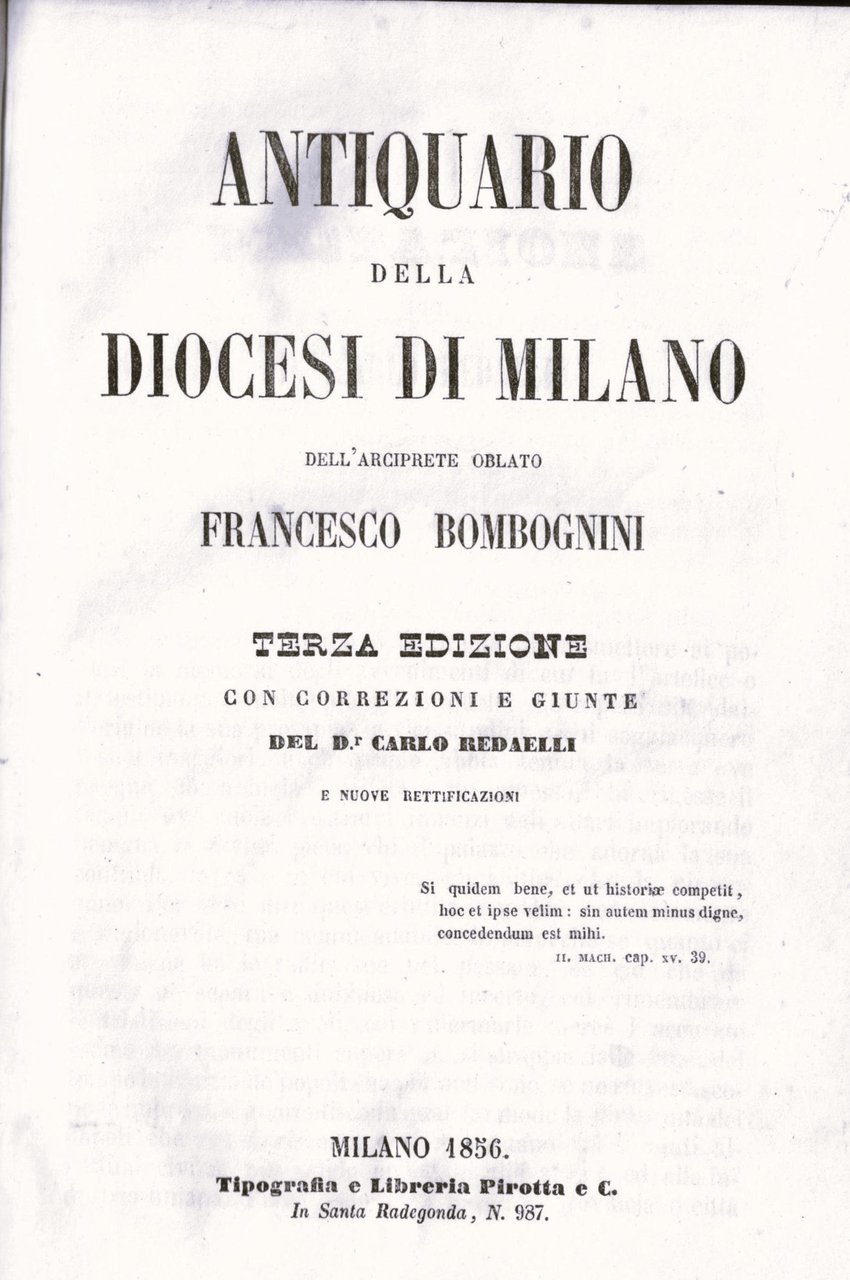 ANTIQUARIO DELLA DIOCESI DI MILANO. - Terza Edizione con correzioni …