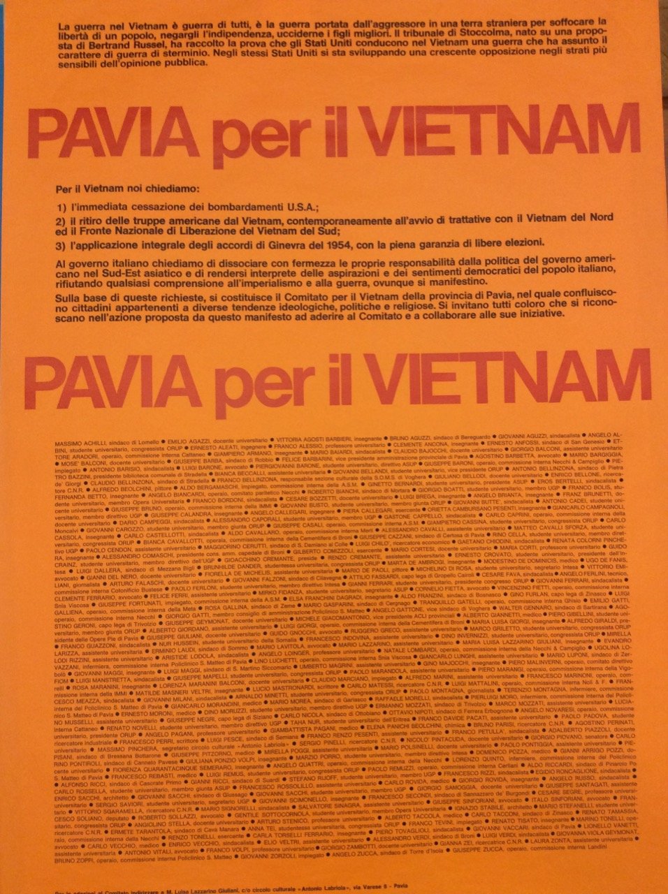 APPELLO DEL COMITATO "PAVIA PER IL VIETNAM".