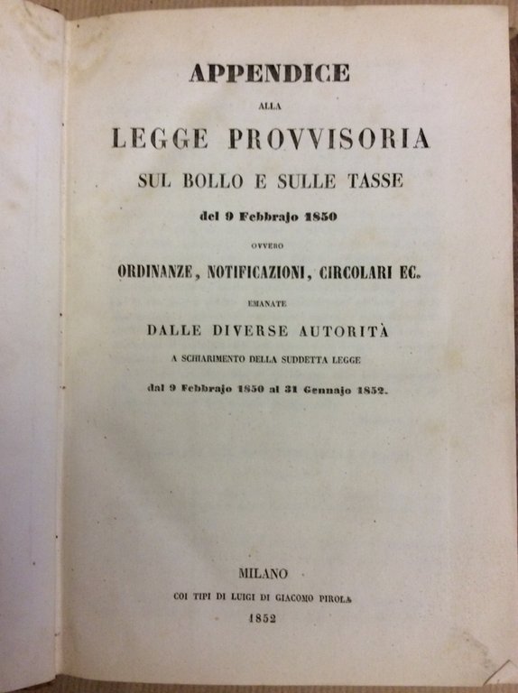 APPENDICE ALLA LEGGE PROVVISORIA SUL BOLLO E SULLE TASSE DEL …