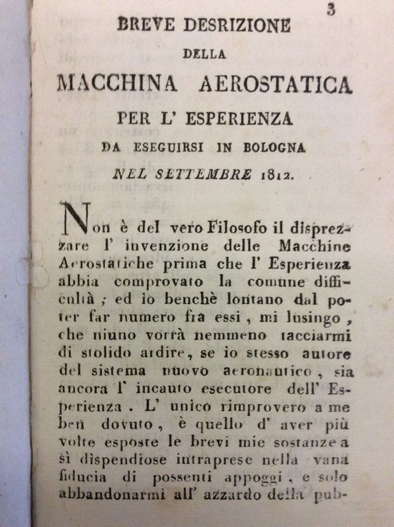 BREVE DESRIZIONE(SIC) DELLA MACCHINA AEROSTATICA PER L'ESPERIENZA DA ESEGUIRSI IN …