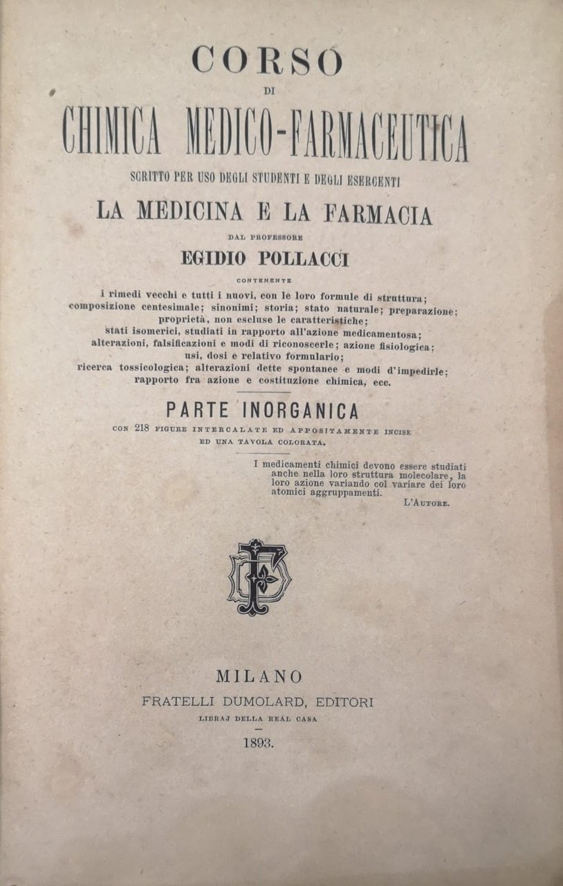 CORSO DI CHIMICA MEDICO-FARMACEUTICA SCRITTO PER USO DEGLI STUDENTI E …