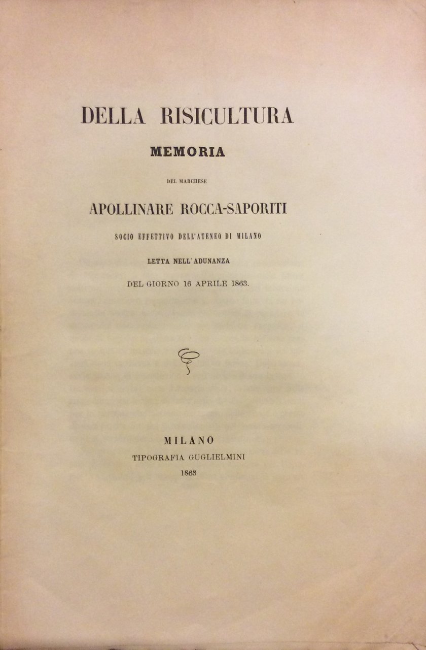 DELLA RISICULTURA. - Memoria.
