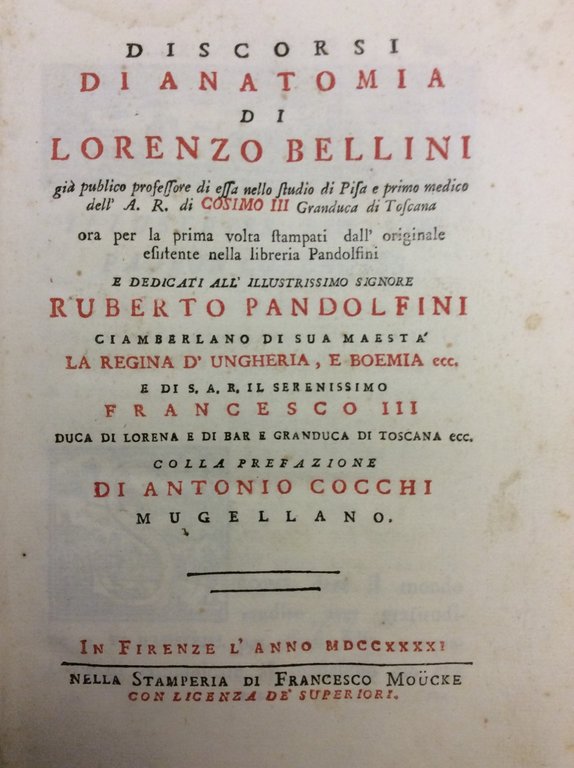 DISCORSI DI ANATOMIA. - Ora per la prima volta stampati …