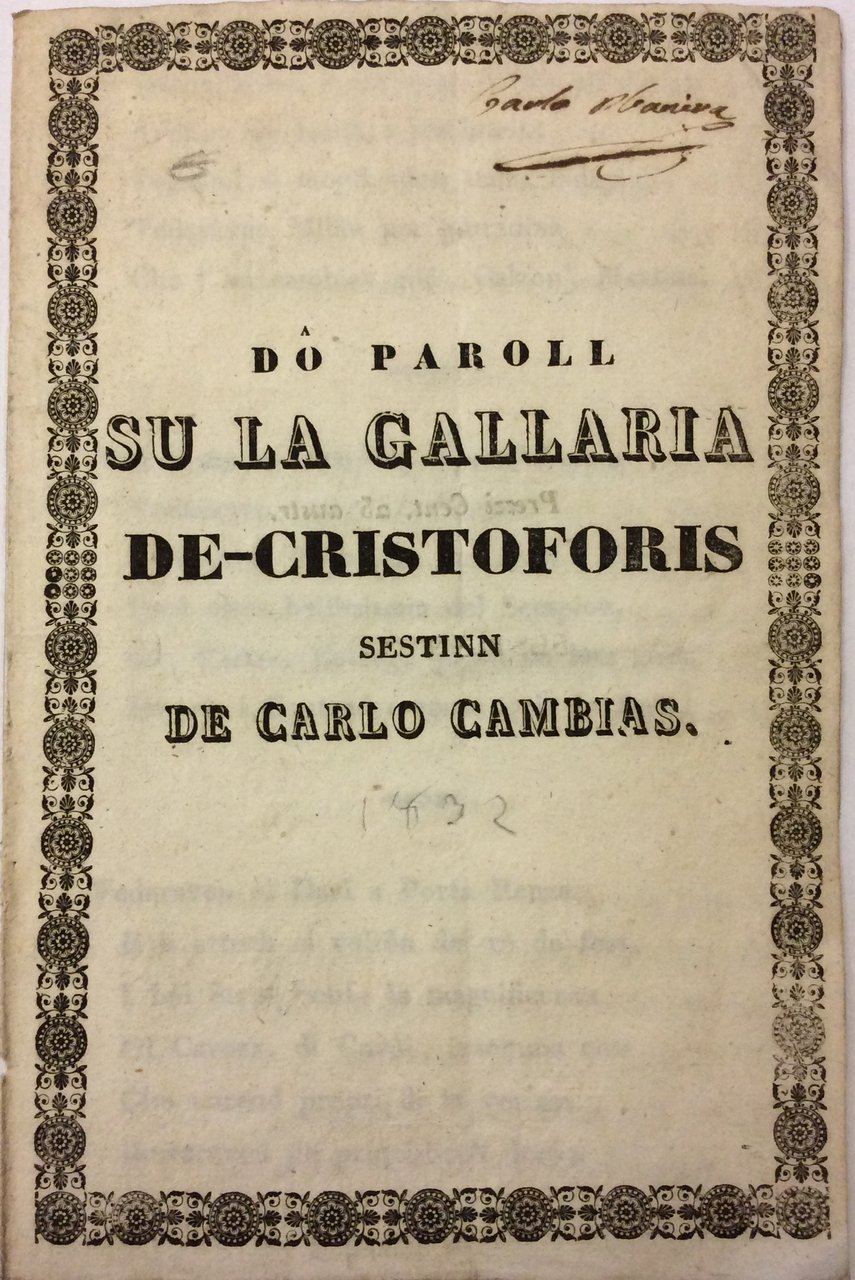 DO PAROLL SU LA GALLARIA DE-CRISTOFORIS. - Sestine.