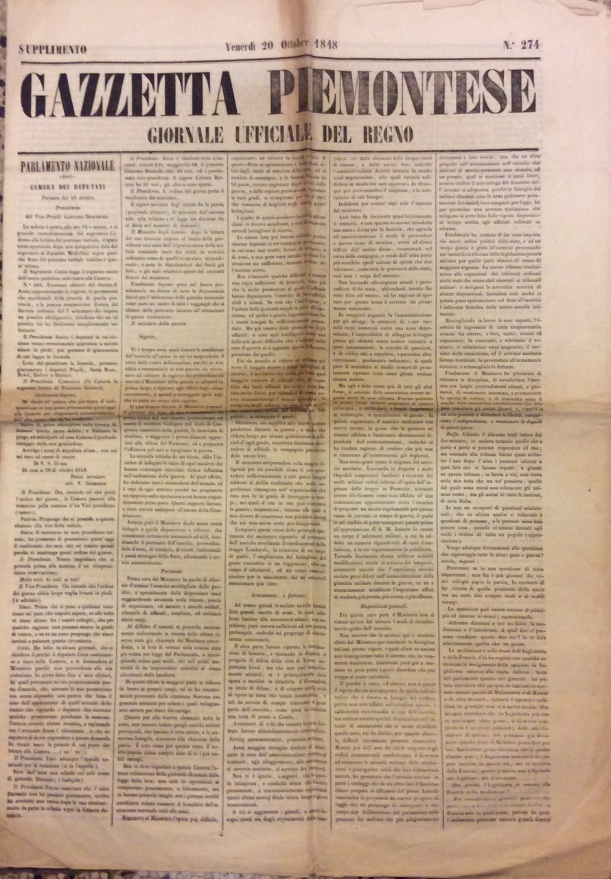 GAZZETTA PIEMONTESE - N. 274. SUPPLIMENTO, VENERDÌ 20 OTTOBRE 1848. …