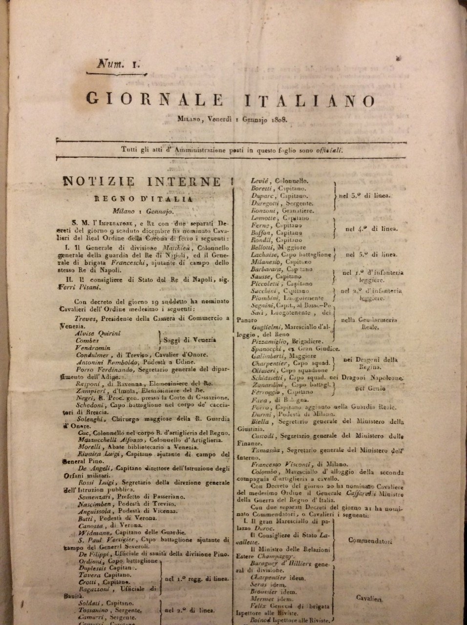 GIORNALE ITALIANO. 1808. - Tutti gli atti d'Amministrazione posti in …