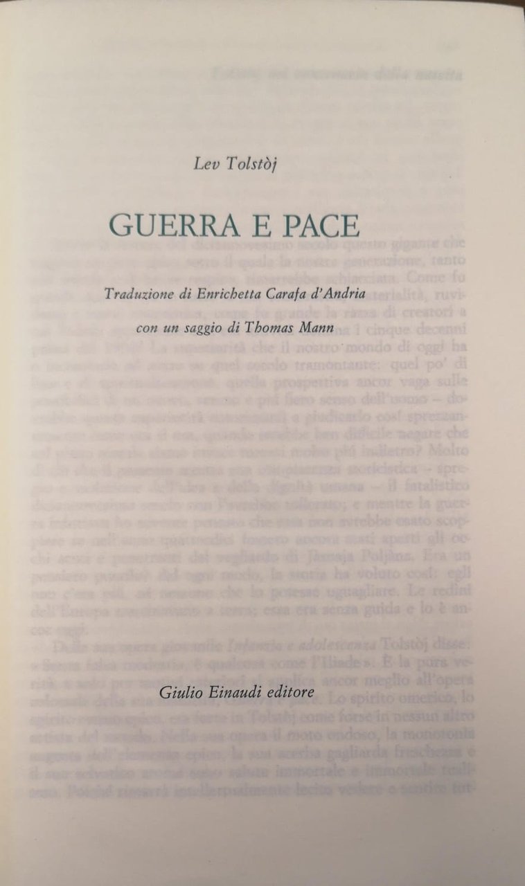 GUERRA E PACE. - Saggio di Thomas Mann; traduzione di …