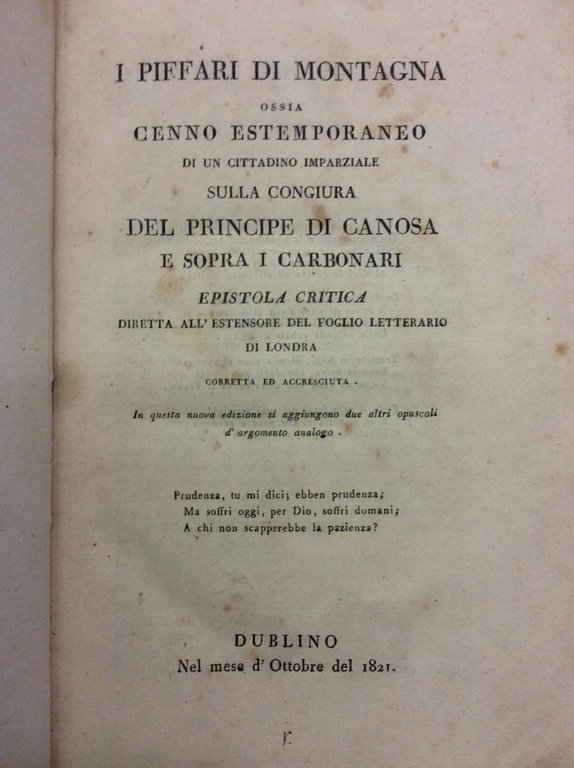 I PIFFARI DI MONTAGNA OSSIA CENNO ESTEMPORANEO DI UN CITTADINO …