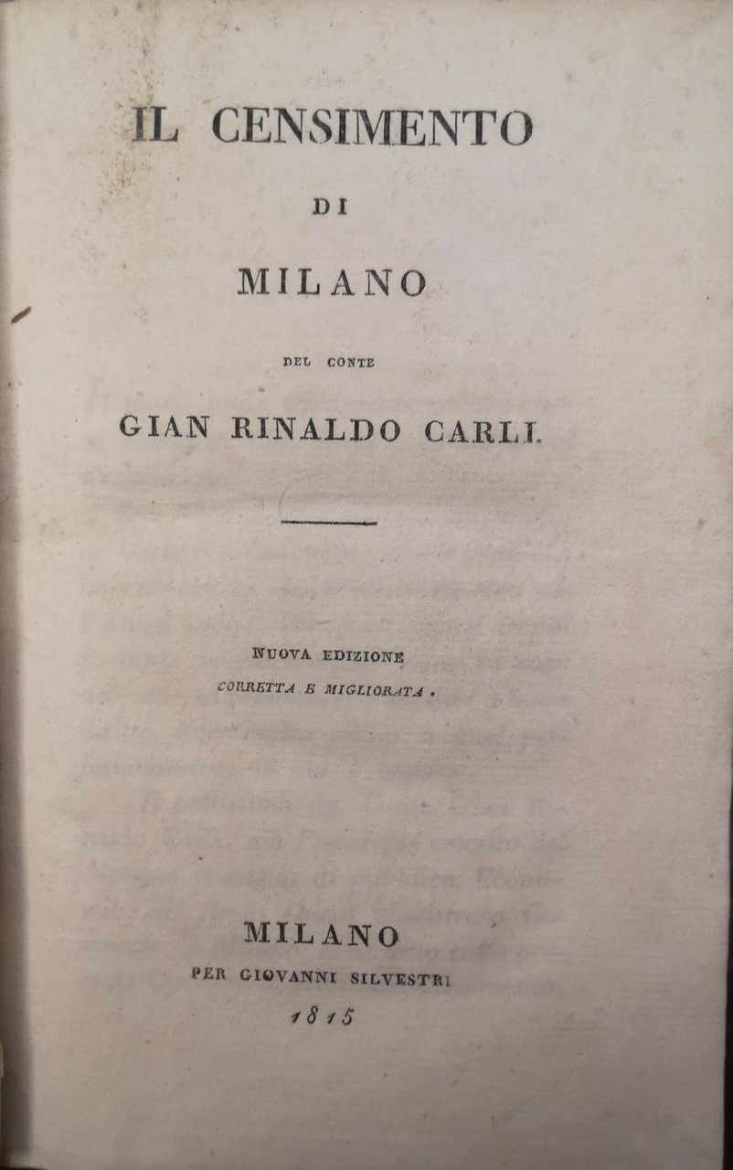 IL CENSIMENTO DI MILANO. - Nuova edizione corretta e migliorata.