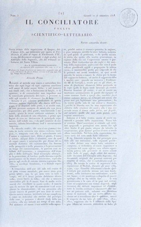 IL CONCILIATORE. - Foglio scientifico-Letterario.