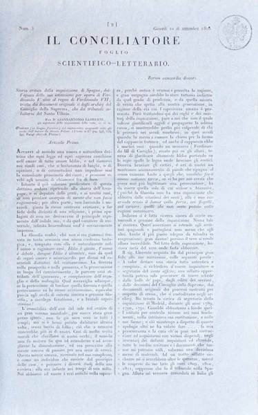 IL CONCILIATORE. - Foglio scientifico-Letterario.