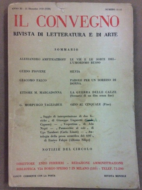 IL CONVEGNO. ANNO XI NUMERO 11 - 12. DICEMBRE 1930. …