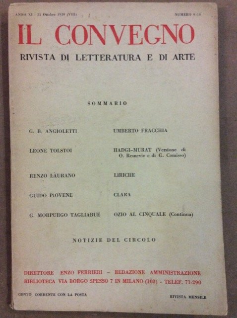 IL CONVEGNO. ANNO XI NUMERO 9 -10. OTTOBRE 1930. - …