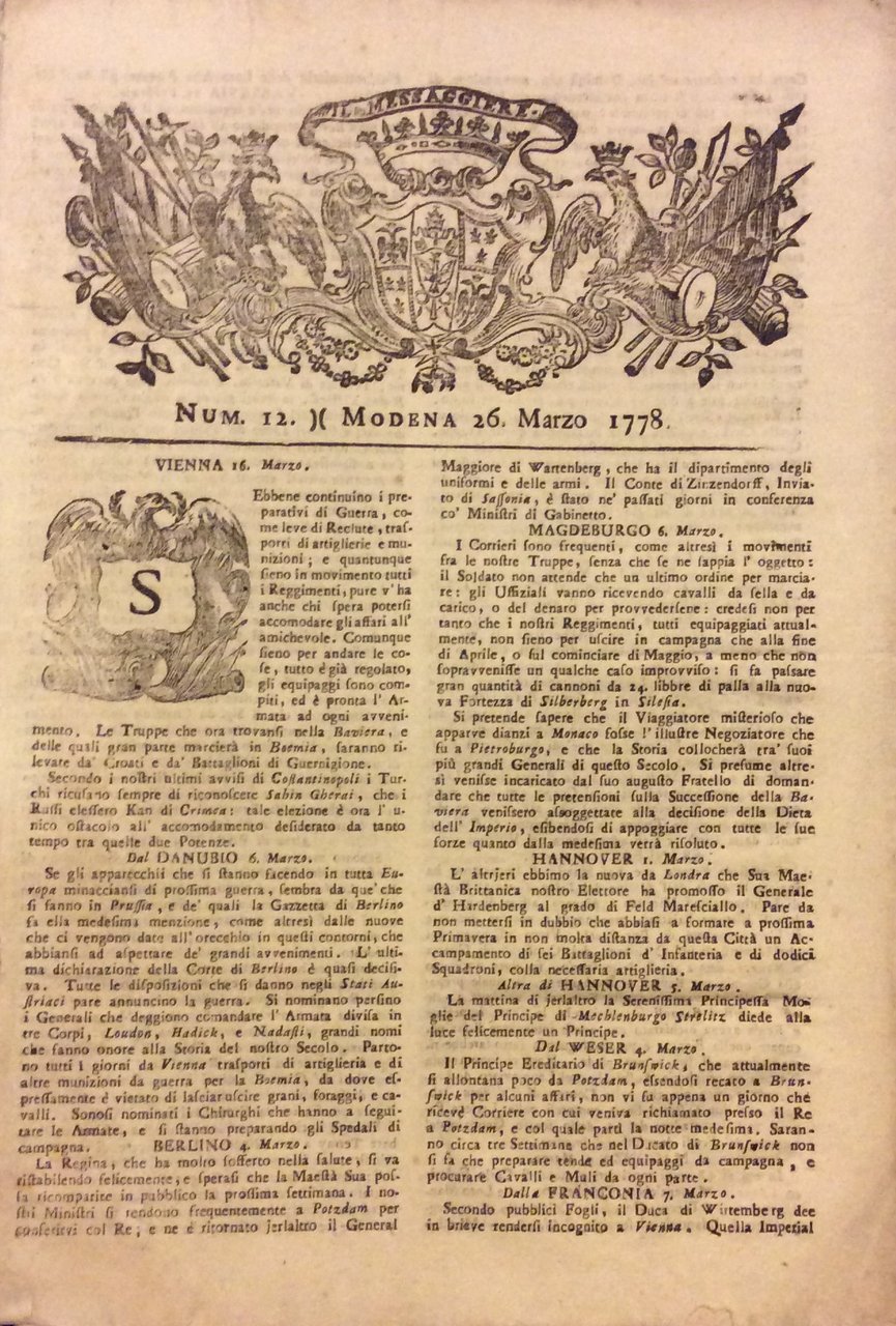 IL MESSAGGIERE - N. 12. - 26 Marzo 1778.
