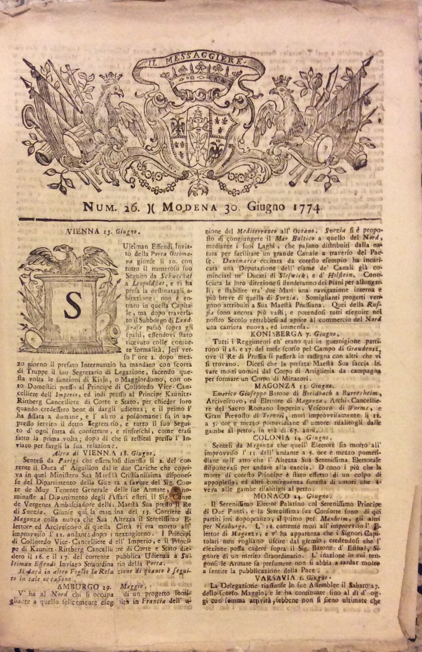 IL MESSAGGIERE - N. 26. - 30 giugno 1774.