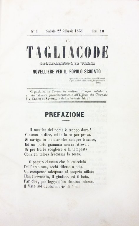IL TAGLIACODE. - Giornaletto in versi. Novelliere per il popolo …
