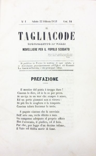 IL TAGLIACODE. - Giornaletto in versi. Novelliere per il popolo …