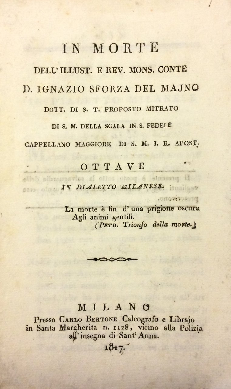 IN MORTE DELL'ILLUST. E REV. MONS. CONTE D. IGNAZIO SFORZA …