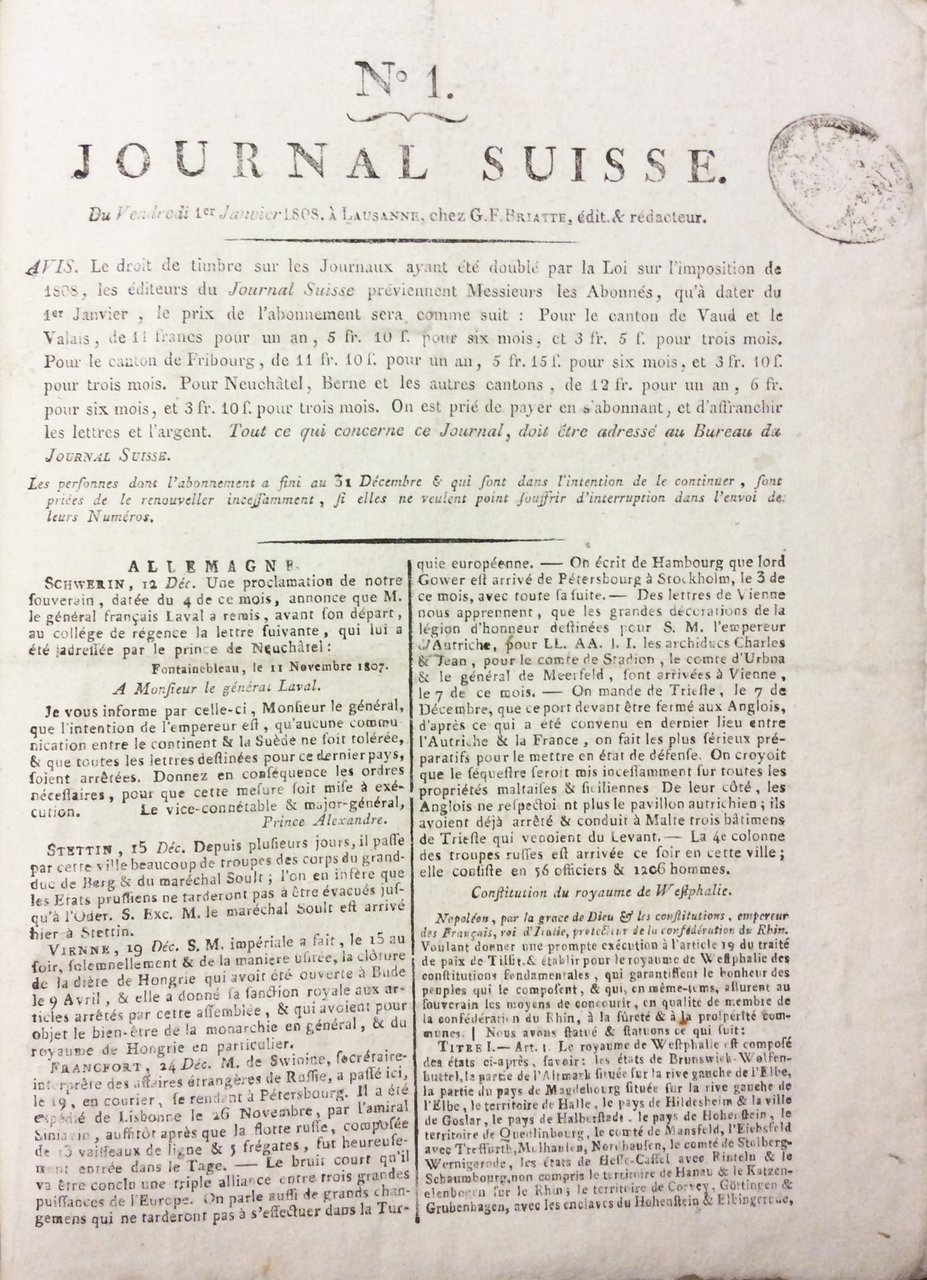 JOURNAL SUISSE - 1808. - Editore e redattore G.F. Briatt.