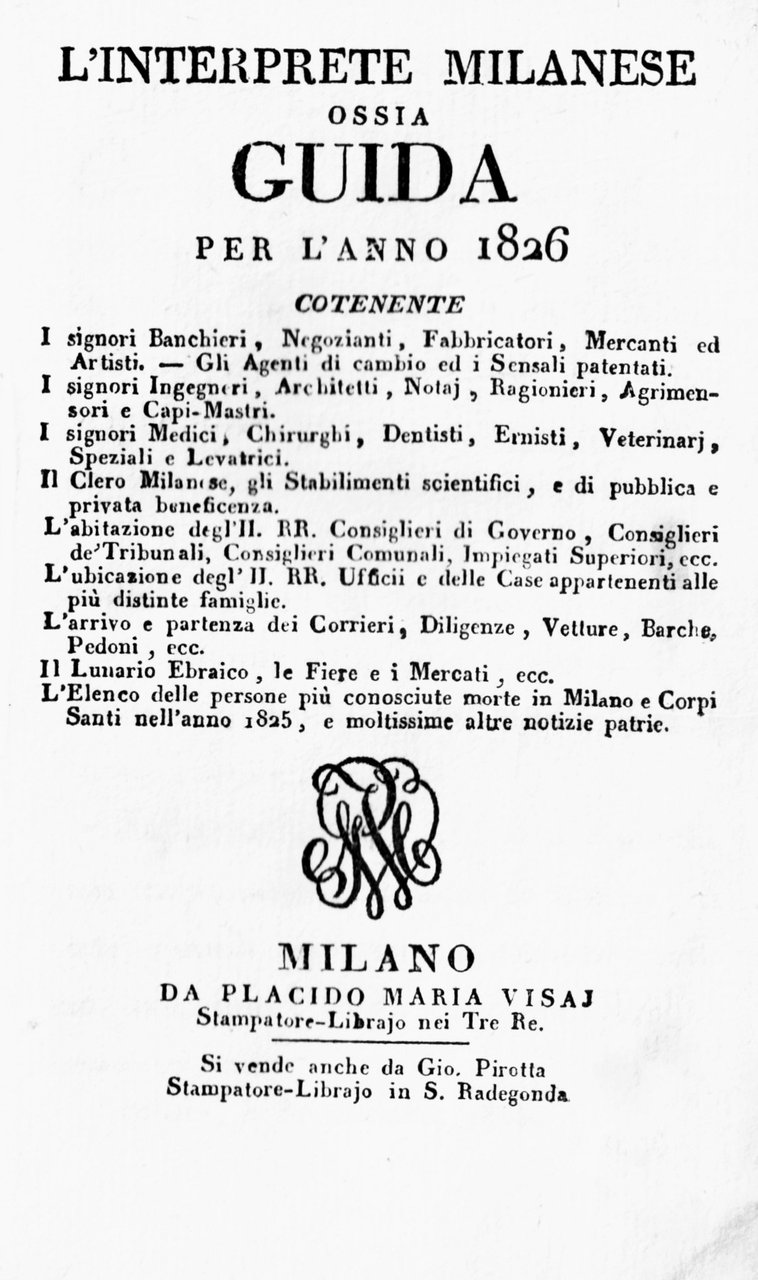 L'INTERPRETE MILANESE O SIA GUIDA PER L'ANNO 1826.