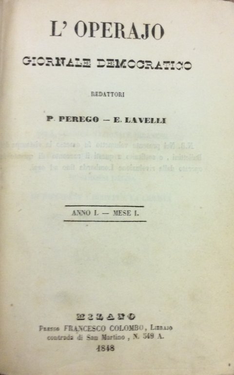 L'OPERAJO. - Giornale democratico. Redattori: P. Perego ed E. Lavelli.