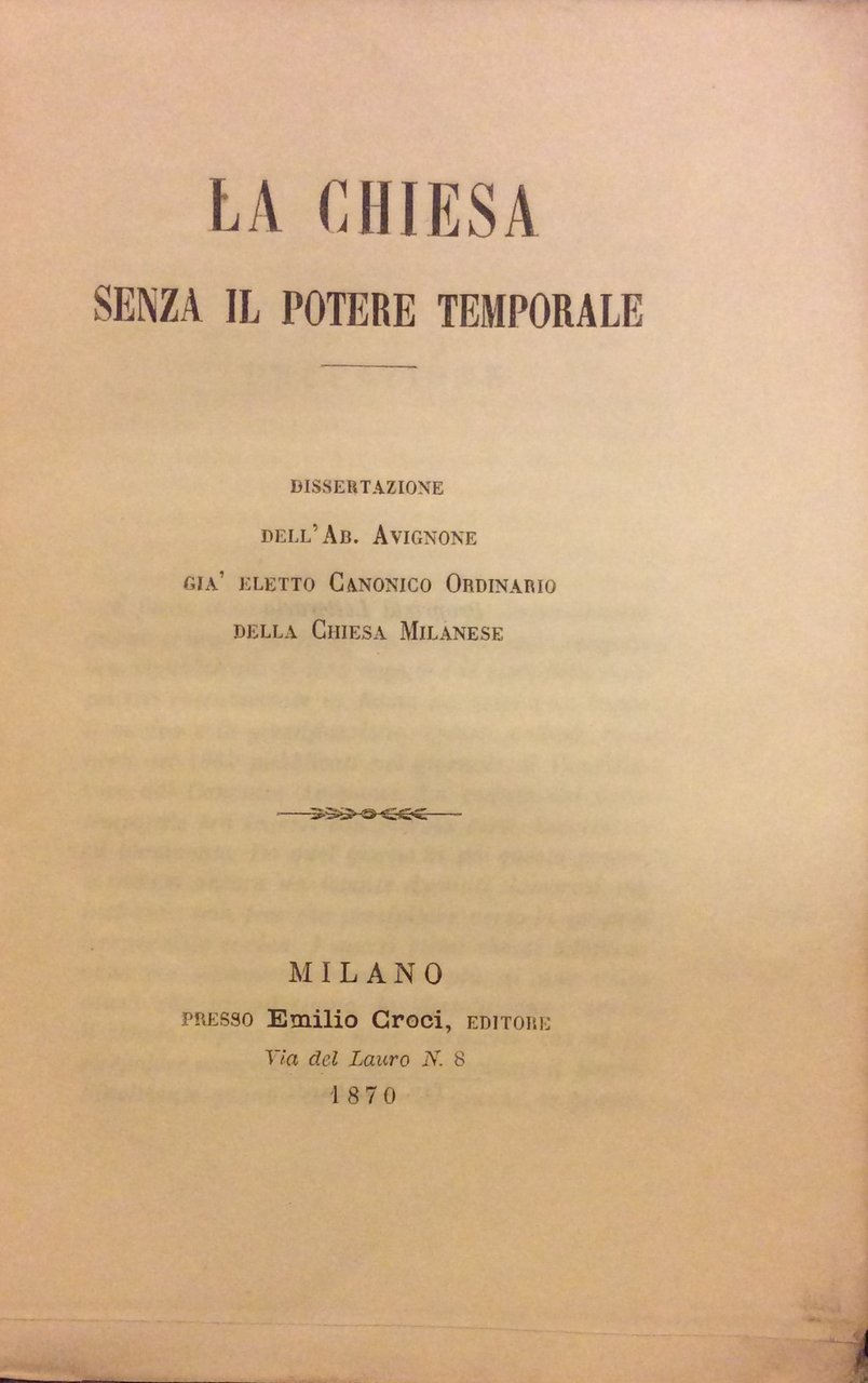 LA CHIESA SENZA IL POTERE TEMPORALE.