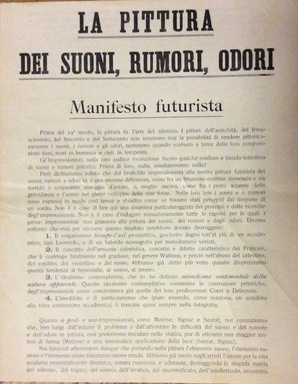 LA PITTURA DEI SUONI, RUMORI, ODORI. MANIFESTO FUTURISTA.