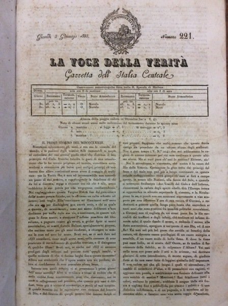 LA VOCE DELLA VERITA'. 1833.