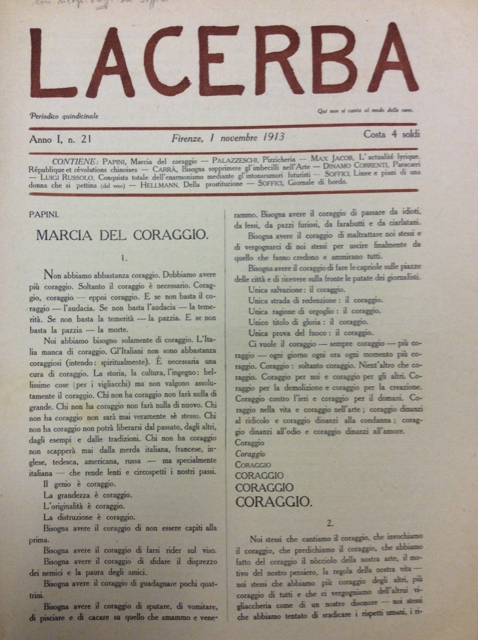 LACERBA. ANNO I - N. 21, 1 NOVEMBRE 1913. - …