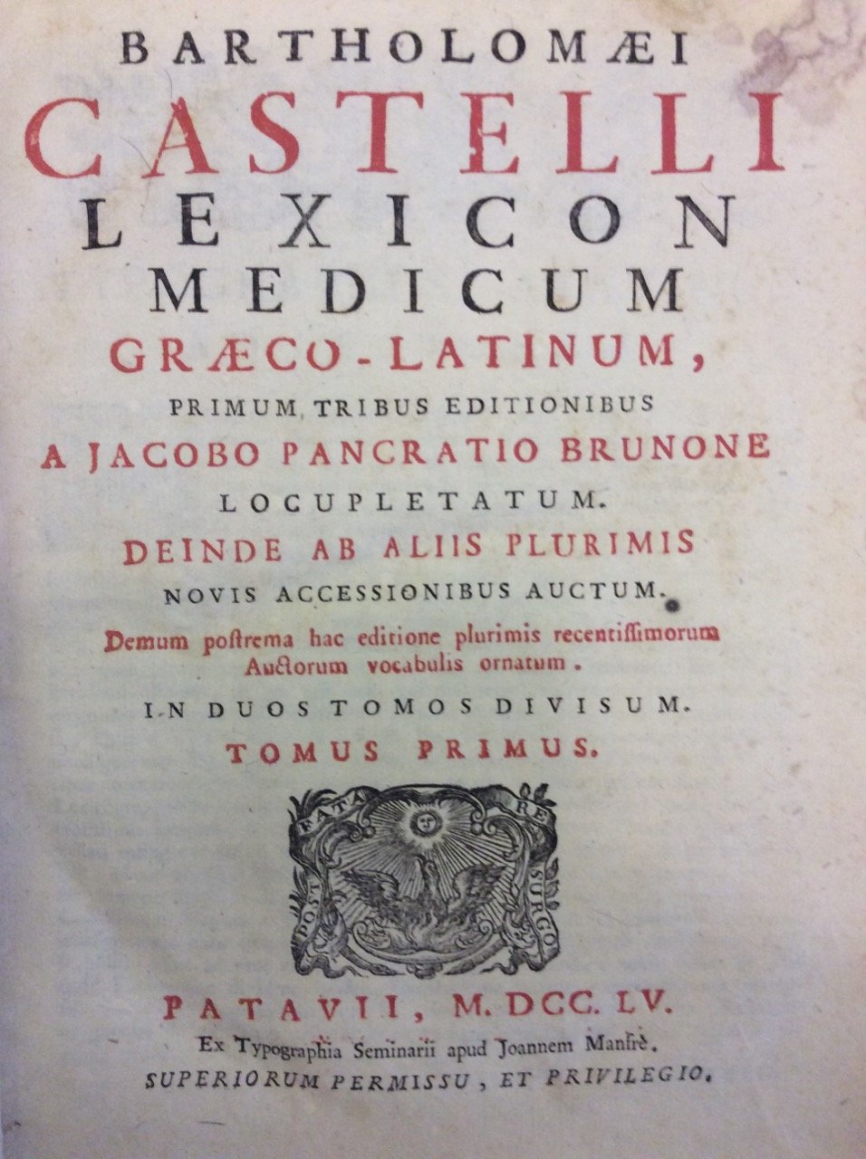 LEXICON MEDICUM GRAECO-LATINUM. - Primum tribus editionibus a Jacobo Pancratio …