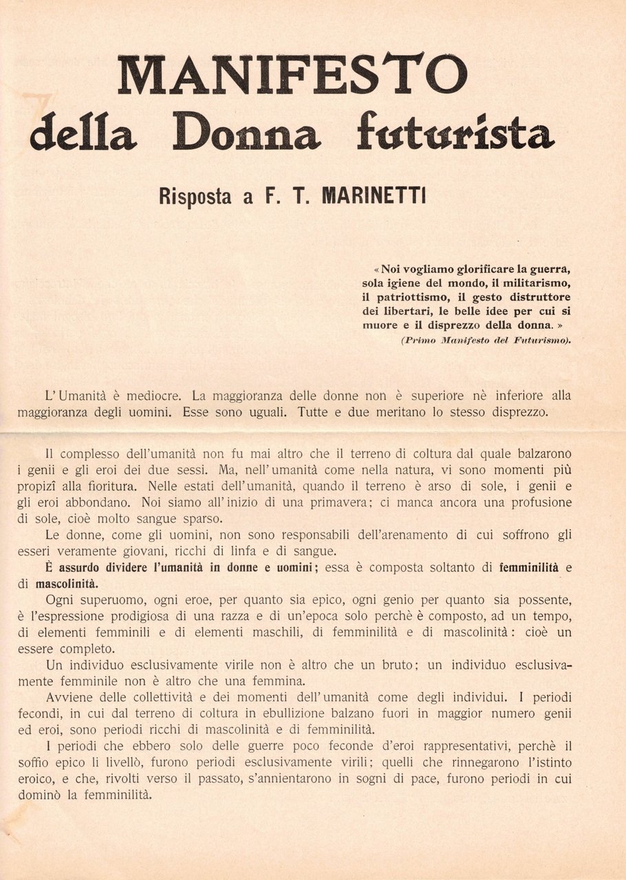 MANIFESTO DELLA DONNA FUTURISTA. - Risposta a F.T. Marinetti. Parigi, …
