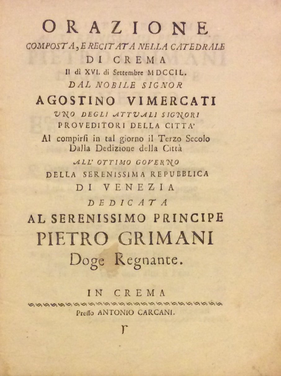 ORAZIONE COMPOSTA, E RECITATA NELLA CATEDRALE DI CREMA IL DI' …