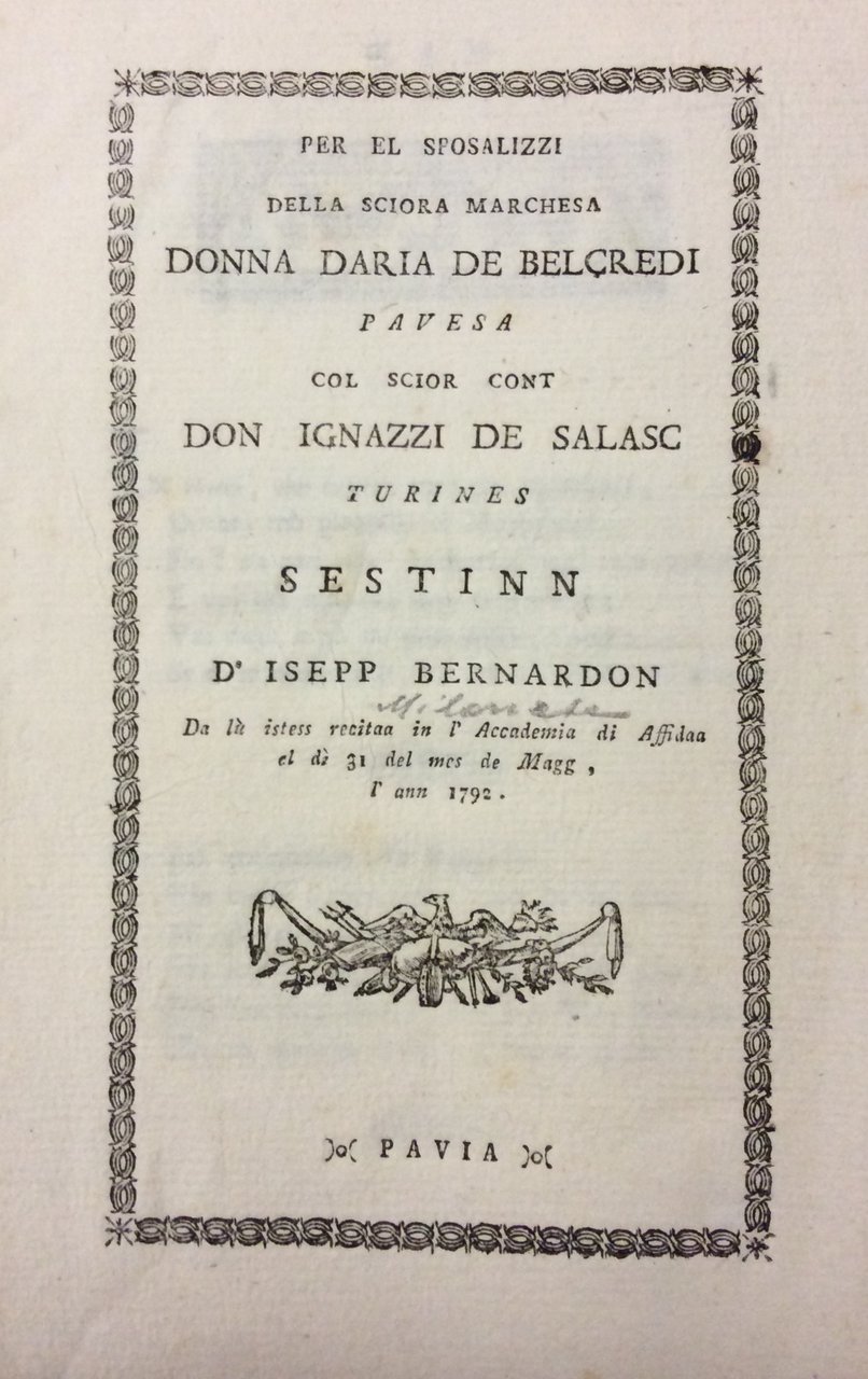PER EL SPOSALIZZI DELLA SCIORA MARCHESA DONNA DARIA DE BELCREDI …