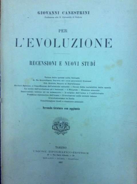 PER L'EVOLUZIONE. - Recensioni e nuovi studi. Seconda tiratura con …
