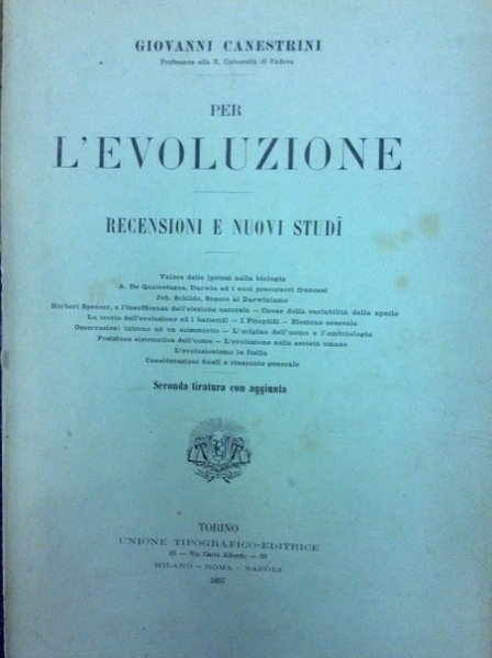 PER L'EVOLUZIONE. - Recensioni e nuovi studi. Seconda tiratura con …