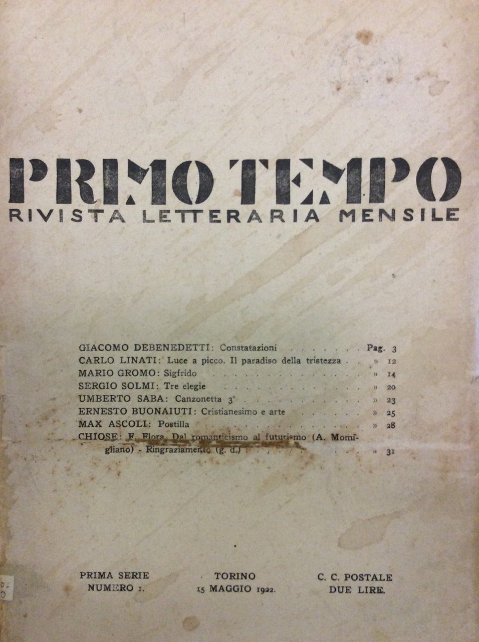 PRIMO TEMPO. NUMERO 1. - Rivista letteraria mensile.