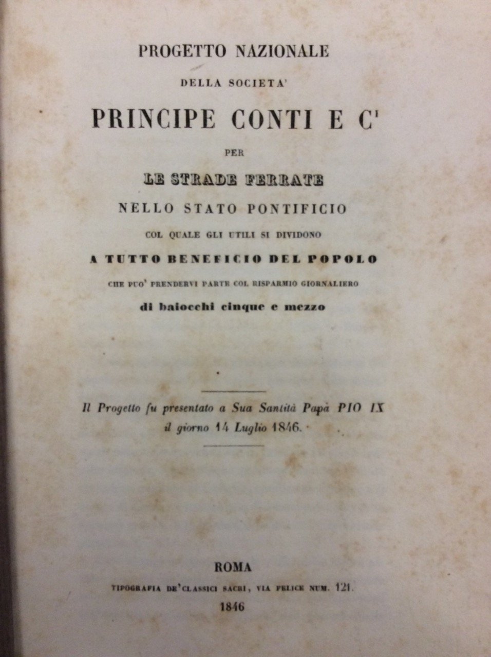 PROGETTO NAZIONALE DELLA SOCIETA' PRINCIPE CONTI E C. PER LE …