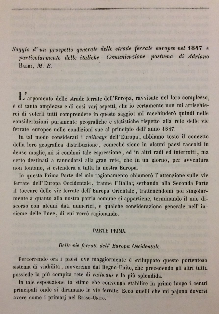 SAGGIO D'UN PROSPETTO GENERALE DELLE STRADE FERRATE EUROPEE NEL 1847 …