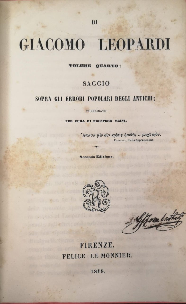 SAGGIO SOPRA GLI ERRORI POPOLARI DEGLI ANTICHI. VOLUME QUARTO. - …