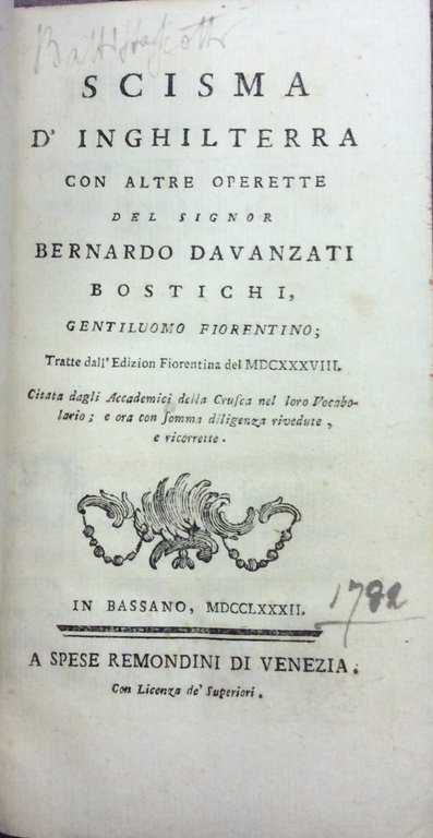 SCISMA D'INGHILTERRA. - Con altre operette tratte dall'edizion (sic) fiorentina …