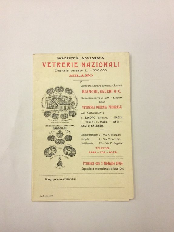 SOCIEA' ANONIMA VETRERIE NAZIONALI - MILANO. - Rilevataria delle premiate …