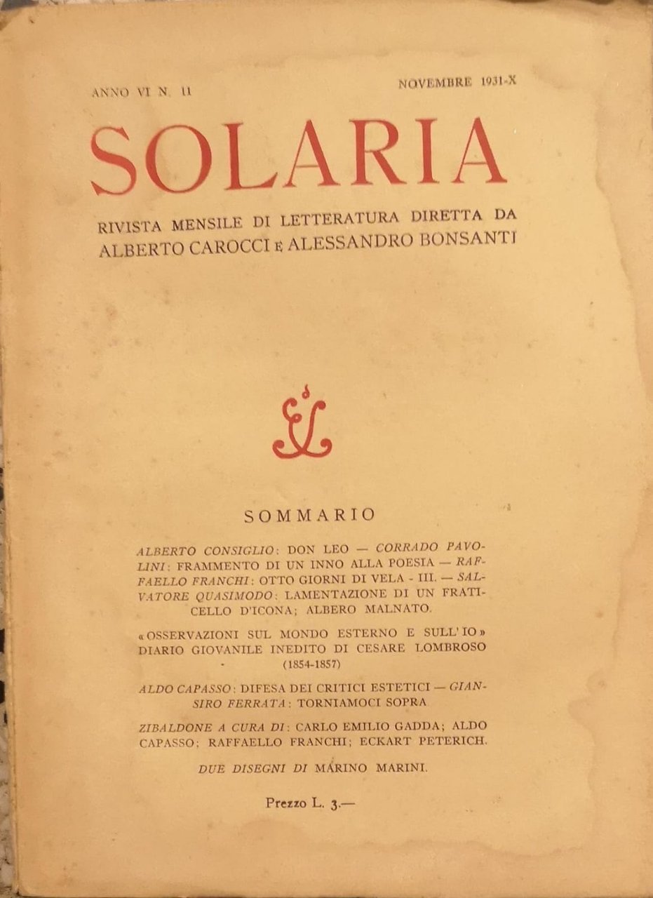 SOLARIA. ANNO VI, N. 11 - NOVEMBRE 1931. - Rivista …